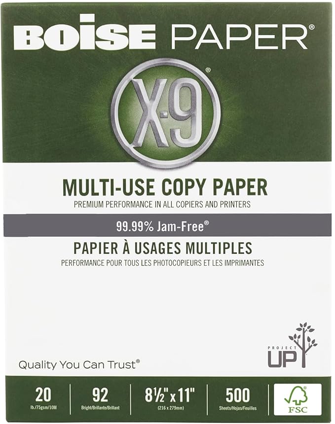 Boise® X-9® Multi-Use Print & Copy Paper, Letter Size (8 1/2" x 11"), FSC® Certified, 92 (U.S.) Brightness, 20 Lb, White