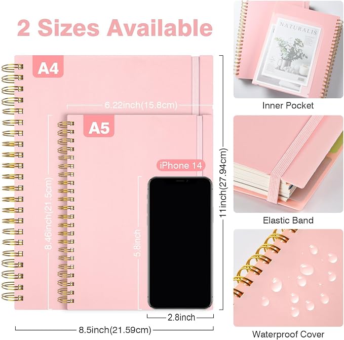 Spiral Notebook 8.5" x 11", 5 Subject Notebooks College Ruled with Dividers | 300 Pages 100GSM Thick Spiral Writing Journal for Women & Men, Large A4 Lined Journal Notebooks for Work, School Supplies