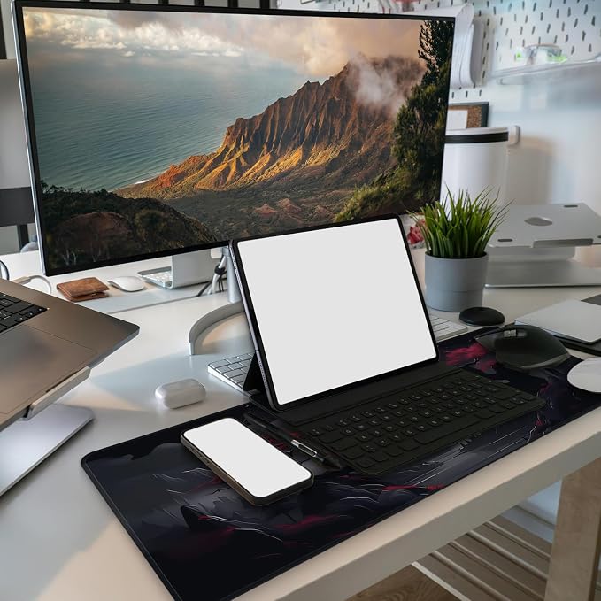 MAY FLOWER Large Gaming Mouse Pad, Full Keyboard Mat, Long Laptop Mousepad, Computer Mouse Mat for Home and Office, Anti-Slip Rubber Base, 31.5 x 11.8 Inches (Dark Red Moon)