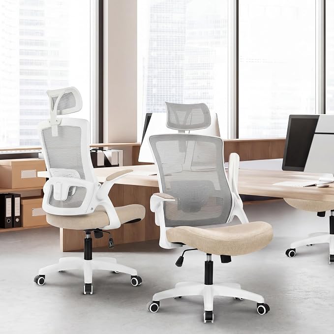 NEO CHAIR Office Desk Chair with Ergonomic High Back Mesh Headrest, Beige | Adjustable Headrest and Lumbar Support with Flip-Up Armrests Designed for Extended Sitting Comfort While Saving Space