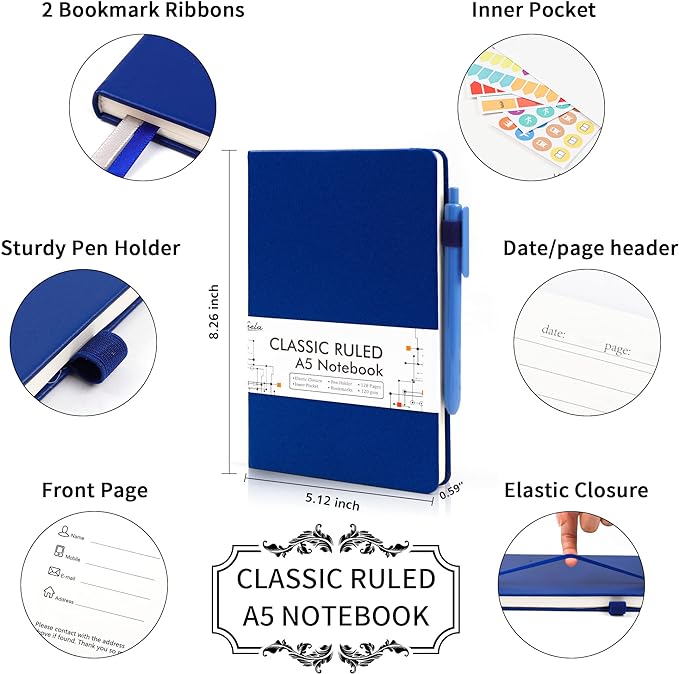 feela 3 Pack Notebooks Journals Bulk with 3 Black Pens, A5 Hardcover Notebook Classic Ruled Lined Journal Set with Pen Holder for Work Business Journaling Note Taking, 120 GSM, 5.1”x8.3”, Navy