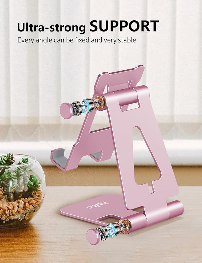 Aoviho Foldable Cell Phone Stand for Desk, Holder for iPhone,Pink | Folds Flat for Easy Storage, Hands-Free Viewing, Fits iPhone 17/16/15 Series & Samsung Galaxy, Ideal for Office & Home