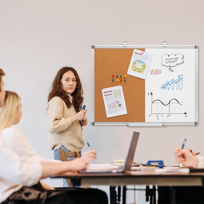 Comix Magnetic Whiteboard & Cork Combo, 36 x 24 Inches Wall Vision Board | Magnetic whiteboard & bulletin Board combo, contains 4 markers, 4 magnets, eraser and push pins