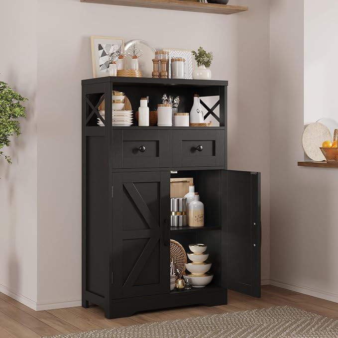 Farmhouse Storage Cabinet Set of 2, Small Kitchen Pantry Coffee Bar Cabinet | Accent Buffet Cabinet Cupboard, 2 Storage Drawers, Barn Doors & Adjustable Shelves, for Kitchen/Entryway/Bathroom, Black