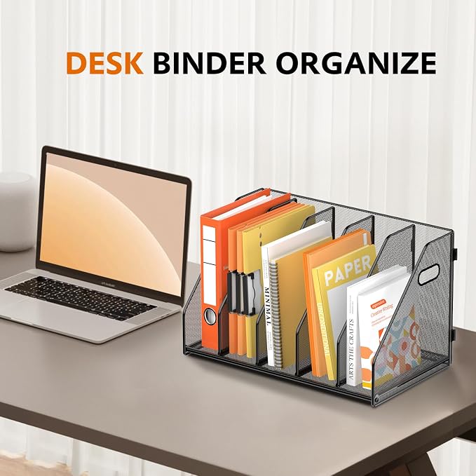 Binder Organizer, Magazine File Holder with 5 Vertical Rack, Black | Metal Desk File Organizer & Binder Holders, Magazine Book Organizers for Office Desktop, Home, School, Classroom