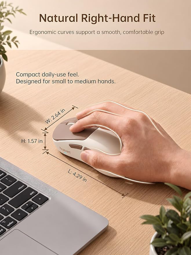 hunart H6 49g Wireless Mouse, Bluetooth & 2.4GHz, Rechargeable,Mocha Brown | Silent Clicks, Two Ways to Connect, USB-C Charging, Lightweight Right-Hand Ergonomic Comfort, for Laptop, MacBook, Computer