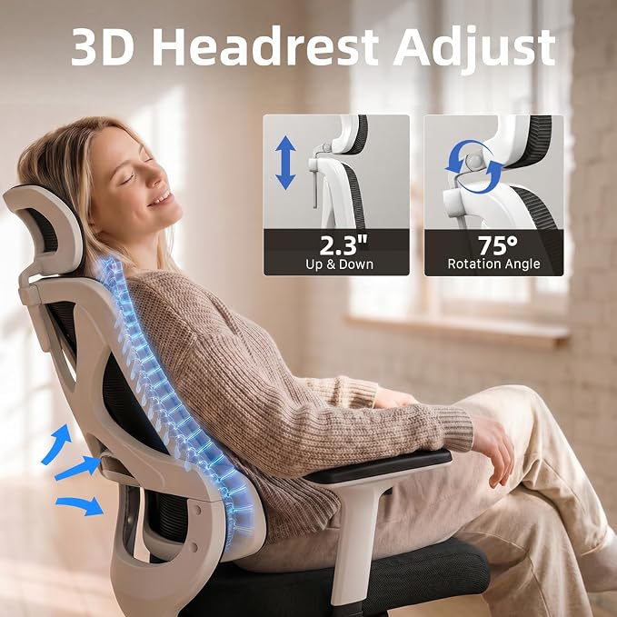 Mesh Ergonomic Office Chair with Lifting Armrests Home Office Desk Chair with Headrest and Backrest 90-150 Adjustable for Home, Office, Gaming, Student（White+Black）