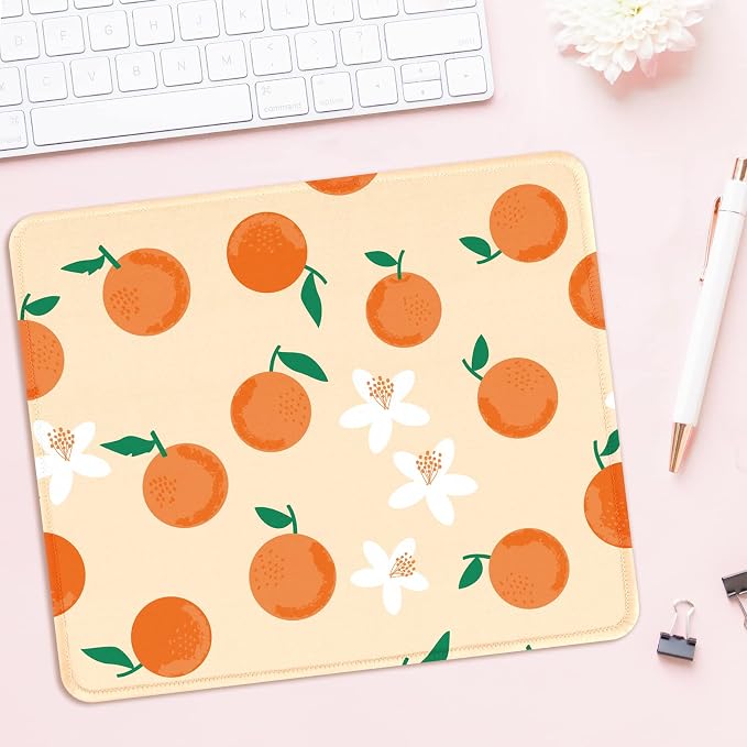 Seorsok Funny Cute Peach Flower Fruit Mouse Pad,Office Home Premium-Textured Mouse Mat Design,Waterproof Mouse pad,Non-Slip Rubber Base Computer Mouse Pads for Wireless Mouse,Orange with Green Leaves