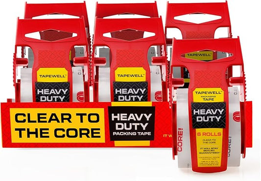 Heavy Duty Packing Tape with Dispenser 1.5" Core, Clear Shipping Tape for Boxes, Packaging, Mailing & Moving Supplies - 1.88 in. x 22.2 Pack of 6