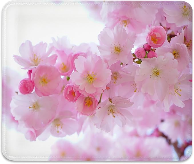 Pink Sakura Cherry Blossoms Design, Spring Floral Nature Flowers Desk Mat | Cute Mousepad Stitched, Anti-Slip Base Smooth Surface, 9.5 x 7.9 Inches