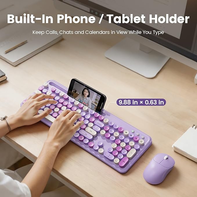Wireless Keyboard and Mouse Combo, Retro Round Keycaps, Full-Size Stylish Typewriter Keyboard with Large Phone/Tablet Holder, 3-Level DPI Ergonomic Mouse, 2.4GHz Cordless for Windows PC, Lavender Mist