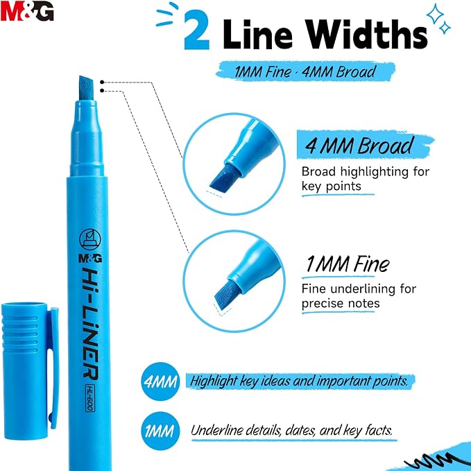 M&G Liner Highlighters, 12-Count Pack Blue Highlighters, Chisel Tip No Bleed Highlighter Pens for Office Documents, Planning, and Everyday Organization