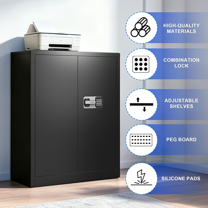Marcree Digital Storage Cabinet, Metal Storage Locker with Dual Alarm System, Black File Storage Cabinet with Door and Adjustable Shelves for Home Office, Pegboard, Hooks, 43.3" H *35.43" W *15.75" D