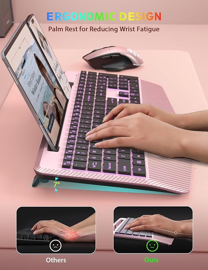 Wireless Keyboard and Mouse Combo, Backlit Scissor Keys, Wrist Rest | 7-Color Backlight, Phone Holder, Rechargeable, LED Mouse, Ergonomic Support, Quiet Typing, Win/Mac/ChromeOS, KM22 Ultra+