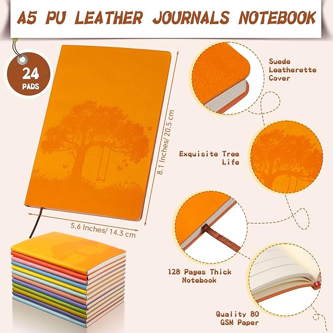 TaoBary 24 Pcs Employee Appreciation Gift A5 PU Leather Journals Bulk Colorful Tree Lined Journal Notebook Soft PU Leather Cover Ruled Writing Notebook for Office School Teacher Nurse (Multi Colors)