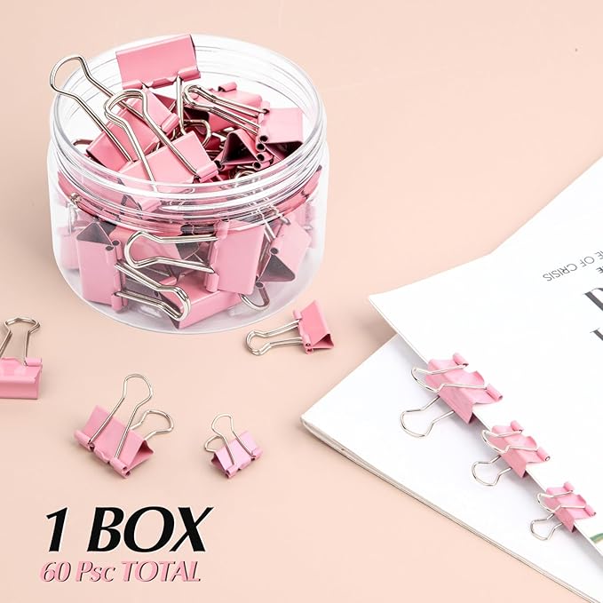 Binder Clips Assorted Sizes, Morandi Colors, Durable Metal Binder Clips for Office, Cute Desk Supplies for Teachers Student (Pink - 1 Box)
