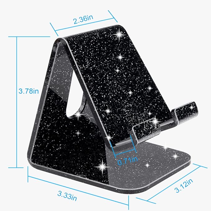 Crpich Acrylic Cell Phone Stand, Portable Phone Holder, Phone Stand for Desk, Compatible with Phone16 15 14 13 12 Pro Max Mini 11 Xr 8 Plus SE, Switch, Android Smartphone, Pad, Tablet, Glitter Black