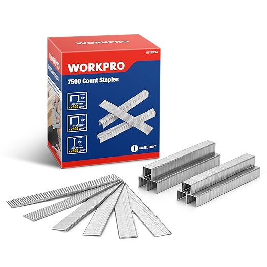 WORKPRO Heavy Duty T50 Staples and 18 Gauge Brad Nails, 7500-Count 1/2", 3/8" T50 Staples and 5/8" Brad Nails, Galvanized Staples for Staple Gun, Ideal for Upholstery, Construction, Furniture, Crafts