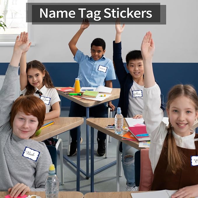Starboling Name Tag Stickers, 200 Pcs 3"x2" Blue Plain Stickers, Colorful Border, For Office, Meetings, School & Home