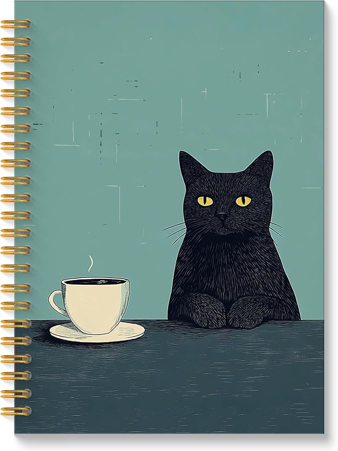 ROXMART Vintage Coffee Black Cat Spiral Notebook Journal, Cat Lover Mom Lady Gifts for Women, Funny Black Kitty Kitten with Coffee Hardcover Notebook Journal, 5.5x8.3 Inch