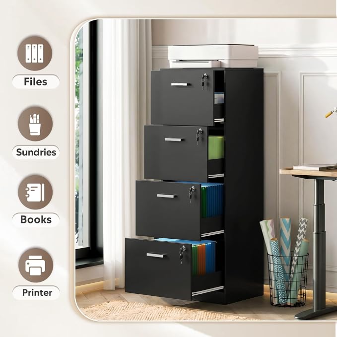 DEVAISE 4 Drawer Vertical File Cabinet, Wood Filing Cabinet with Lock | Home Office File Storage Cabinet for Letter and A4 Size, Printer Stand, Black