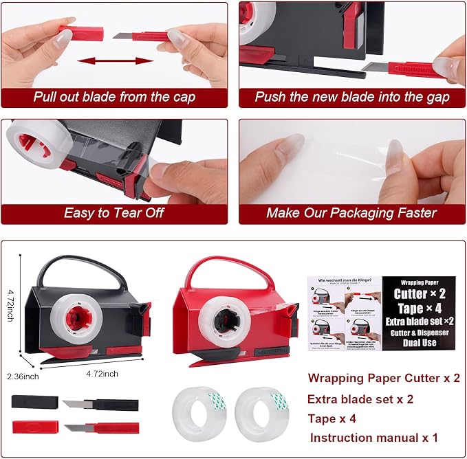 (2-Pack) Wrapping Paper Cutter & Tape Dispenser Dual Use - 4 Tapes, 2 Replace Blades - Gift Wrap Tool, Paper Roll Slicer, Smooth Straight Cut Packaging Tool for Birthday, Holiday & Office Use
