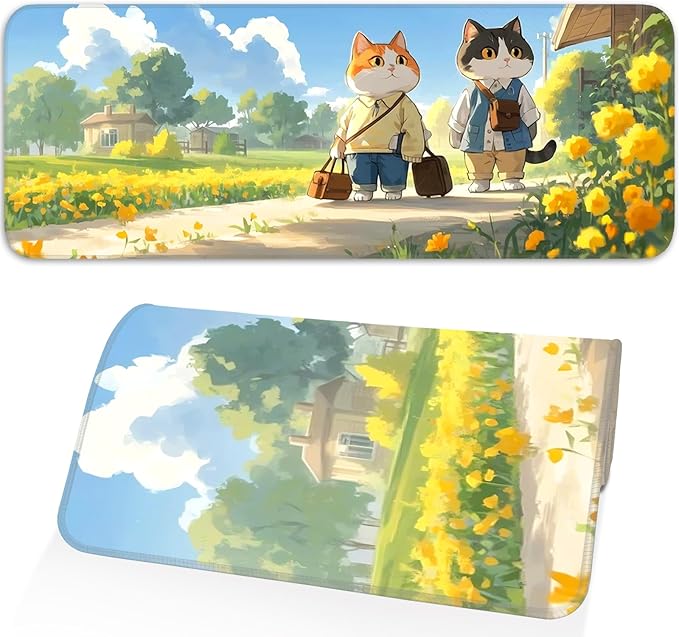 Cute Cat Mouse Pad, Non-Slip Rubber Gaming Mouse Pad with Seam Edge for Gaming, Office, Laptop, 31.5 x 11.8 Inch, Anime Cat Desk Mat