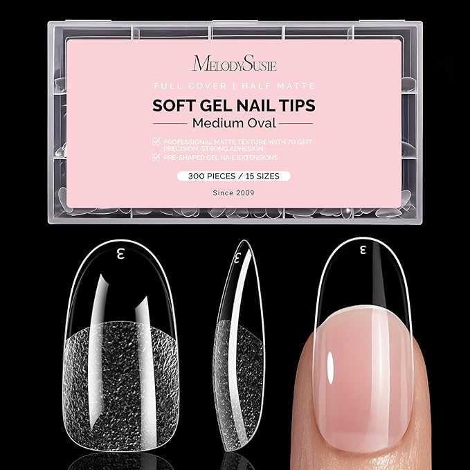 MelodySusie Medium Oval Round X Nail Tips - 300Pcs 15 Sizes Clear Acrylic,Half Matte Full Cover Press on Nails for DIY Extension & Salon Use,Pre-Shaped for Long-Lasting Manicure