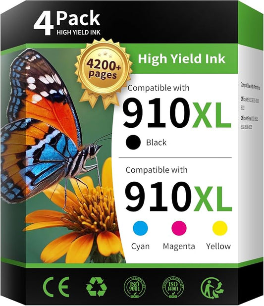 INK4U 910XL Ink Cartridges Combo Pack Replacement for HP 910XL (4 Pack) | Works with OfficeJet Pro 8020 8025 8028 8030 8035 8010 8015 8018 8022 Printer.BCMY set. 4,200 pages.