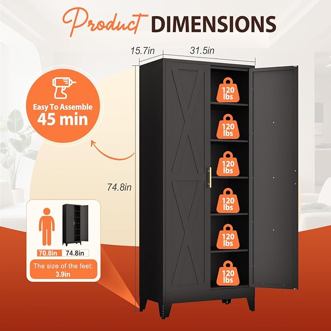 PAOFIN 75" H Tall Kitchen Storage Cabinet with Doors | Freestanding Pantry Cabinet,Farmhouse Food Storage Cabinets,Tall Cabinets for Kitchen, Dining Room, Living Room(Black)