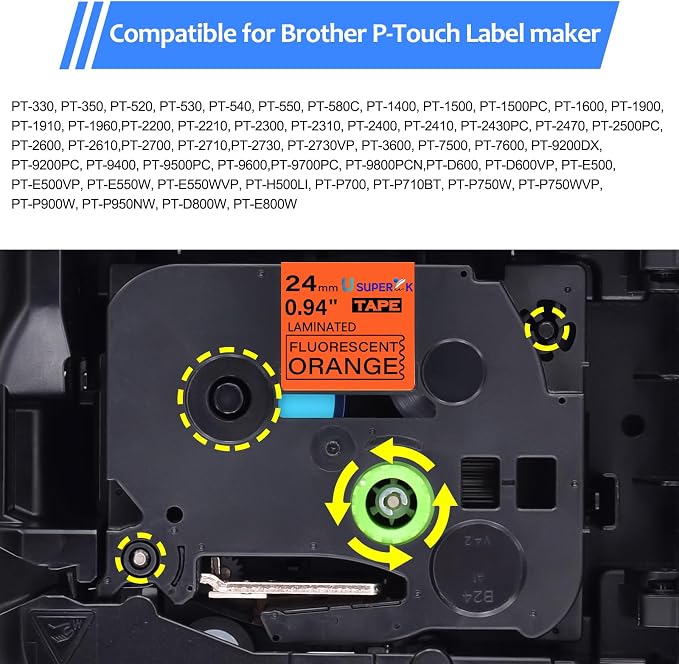 5PK Compatible for Brother P-Touch Label Maker Tape TZe-B51 TZ-B51 TZeB51 TZB51 Black on Fluo Orange 24mm 0.94 inch 1'' x 16.4ft Laminated TZe TZ Label Tape for PT-2400 2410 2430PC 2470