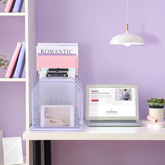 SUMMORO Inclined File Organizer for Desk, 7-Section Vertical File Holder | Office Desk Organizer Metal Rack File Folder, Wire Mesh Desktop Document Sorter, for Office School Classroom Home (Purple)