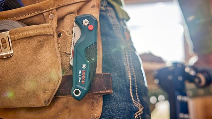 BOSCH H11-11100-1 Folding Utility Knife | Compact, Portable, and Durable with Integrated Blade Storage, Thumb Rest, and Includes Belt Clip, Strap Cutter, 3 Blades