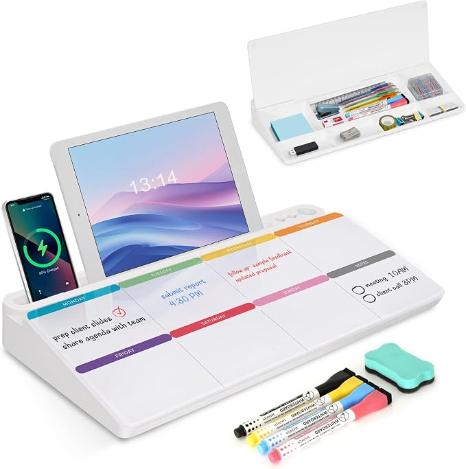 Desktop Glass Whiteboard with Storage, Weekly Calendar Desk White Board | Computer Keyboard Stand, Office Desk Organizers and Accessories with Drawer, To Do Memo Notepad, Home School Supplies