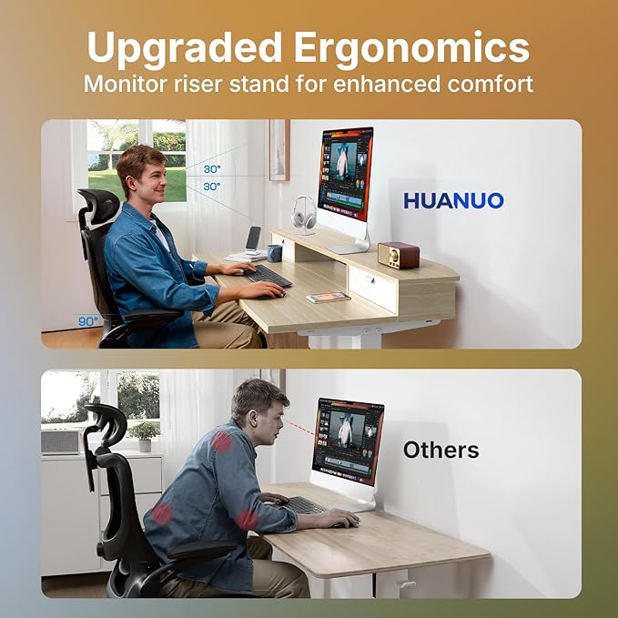HUANUO 48 x 24 inch Small Electric Standing Desk with 2 Drawers, C-Clamp Mount Compatible, Height Adjustable Sit Stand Desk, Home Office Stand Up Desk with 4 Memory Height Settings, Light Walnut