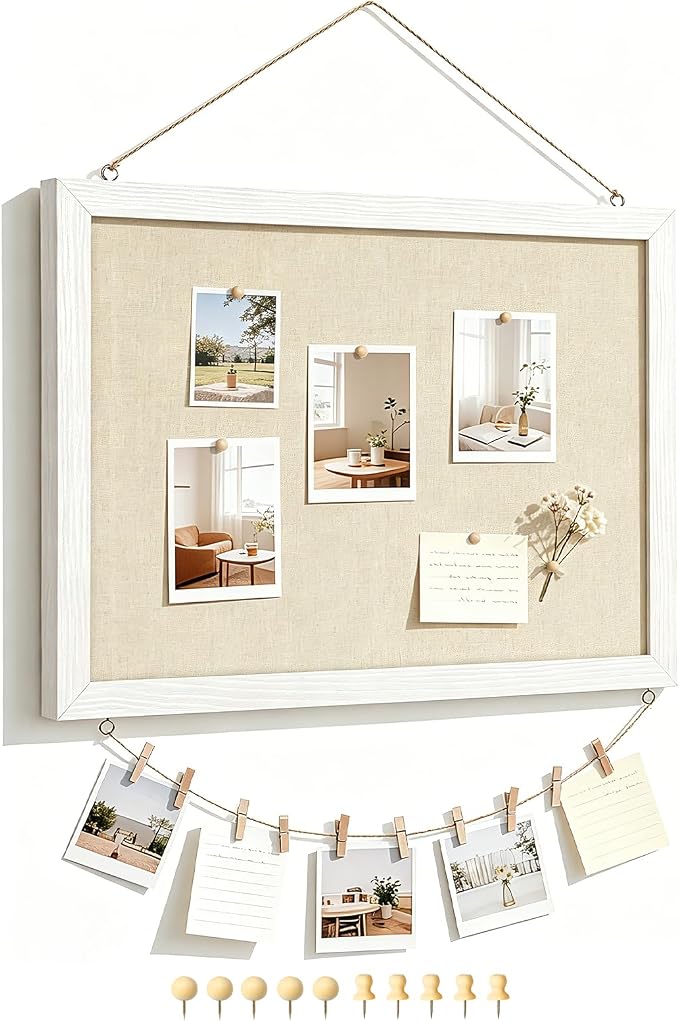 DOLLAR BOSS Double-Sided Bulletin Boards with Linen, 16"x12" 1PC Cork Board | Corkboards for Walls, Small Pin Board, Wood Framed, Decorative Hanging, For Home Kitchen Office, 10 Pushpins 10 Clips