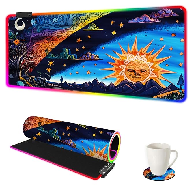 AIMSA Large Gaming Mouse Pad RGB, Keyboard Led Mousepad Extended 35.4 x 15.8 inch Non-Slip Rubber Base with 14 Lighting Modes Desk Mat, Abstract Sun