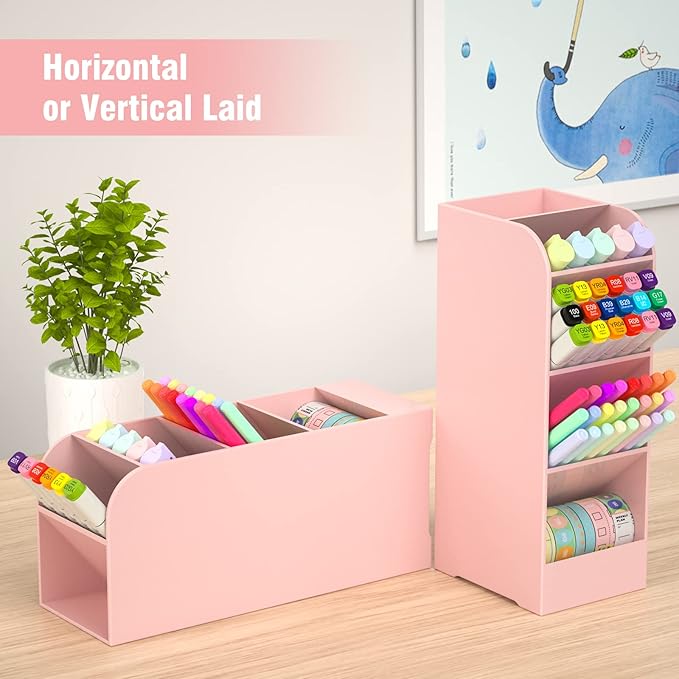 Asten Pen Holder, Pencil Holder for Desk, Pen Organizer for Office, School, Desktop, Large Capacity Pen Storage Organizer with 5 Compartment for Pens, Markers, Makeup Brush, Cosmetics (Pink, 1 Pack)