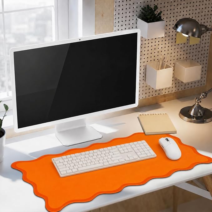 Hahafelt Scalloped Desk Mat Waterproof,Orange,31.5 X 15.8 Inches | Coquette Preppy Style for School Office Makeup Vanity, Nonslip Gaming Desktop Protector with Scalloped Stitched Edge Mat