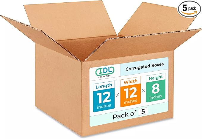 Medium Moving & Shipping Boxes 12 x 12 x 8 inches (5-Pack) - Extra Strength 200 lb vs Regular - USA-Made Corrugated Cardboard Boxes for USPS/UPS/FEDEX - Box for Shipping by IDL Packaging