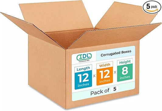 Medium Moving & Shipping Boxes 12 x 12 x 8 inches (5-Pack) - Extra Strength 200 lb vs Regular - USA-Made Corrugated Cardboard Boxes for USPS/UPS/FEDEX - Box for Shipping by IDL Packaging