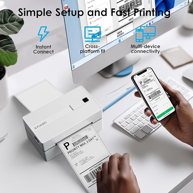 Bluetooth Thermal Shipping Label Printer, 4x6 Portable Thermal Address Label Printer for Small Business, Compatible with iPhone,Android,Windows,Mac–Works with Etsy Shopify USPS&More, White
