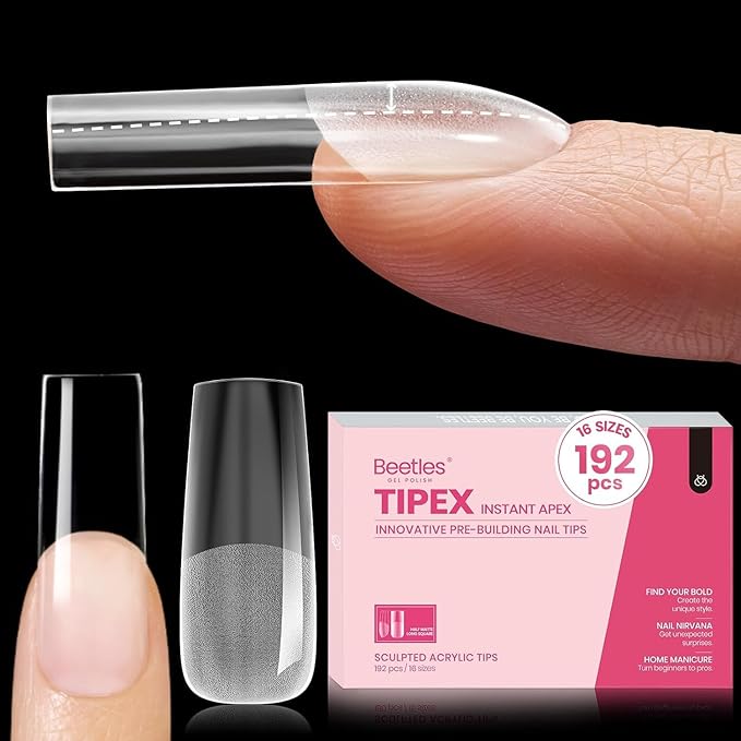 Beetles Tipex Instant Apex Nail Tips, Long Square, 16 Sizes |00–14, 192pcs, Built-In Apex, No Builder Gel Required, Thicker Strong Acrylic Tips for DIY Nail Extensions