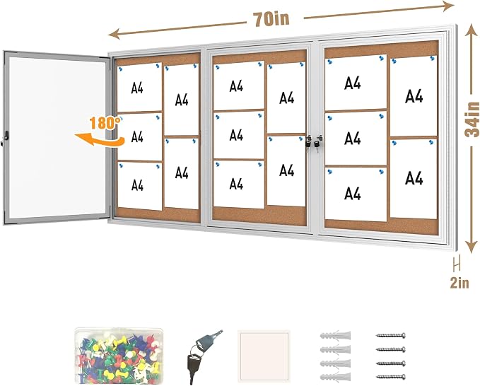 Mifuro 70"x34" Enclosed Bulletin Board, Outdoor Lockable Weather-Resistant Aluminum Cork Noticeboard for School & Office, Silver Frame w/Cork