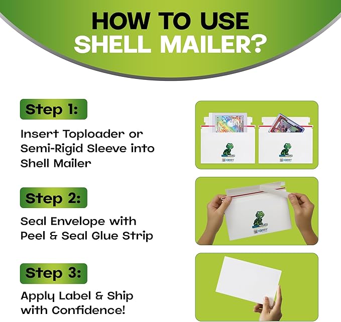Shell Mailer Trading Card Envelopes for Shipping, Card Mailers - 50 Pack | Perfect Fit for Semi-Rigids & Toploaders, Sides Glued Flat for Sorting Machines, Premium Material, Customized Protective Flap