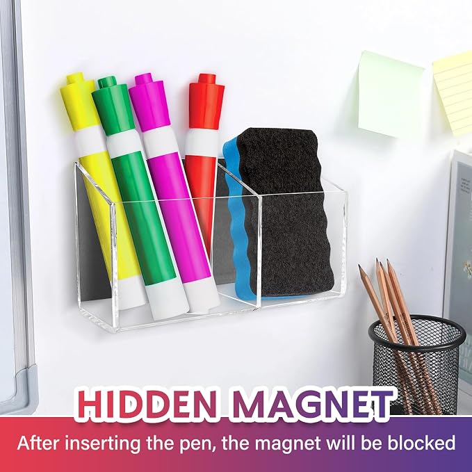 Magnetic Dry Erase Marker Holder for Whiteboard，Acrylic Magnetic Pen Holder for Fridge, 2 Compartments Whiteboard for Office, Home, Locker(Clear)-Brown