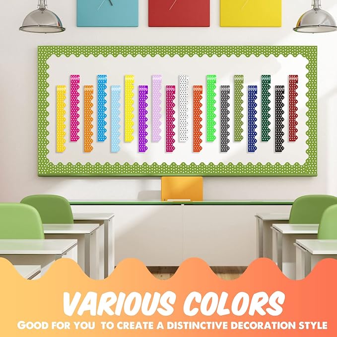 18 Rolls 300 Feet Bulletin Board Borders in 18 Colors, Scalloped Rolled Bulletin Board Trim for Wall Classroom School Office DIY Decoration(Polka Dots,Multicolored)