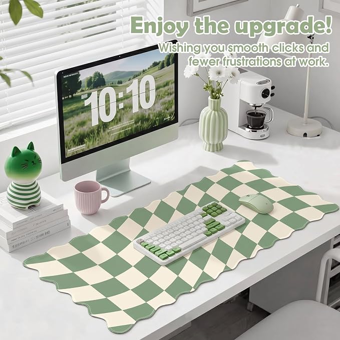 1 Pcs Scalloped Green Checkered Desk Mat 31.5 x 11.8 Inch Large Cute Mouse Pad Computer Mat Non Slip Waterproof Rubber Base with Border Stitching Soft Keyboard Pad for Home Office Gaming Makeup