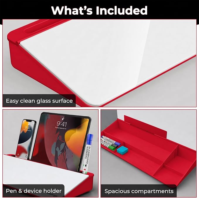 Chalkola Red/White Glass Desktop Whiteboard with Storage, Dry Erase Board | Work Desk Organizers, Computer Keyboard Stand, Home Office Desk Accessories, Workspace Deskboard Buddy, Small White Board