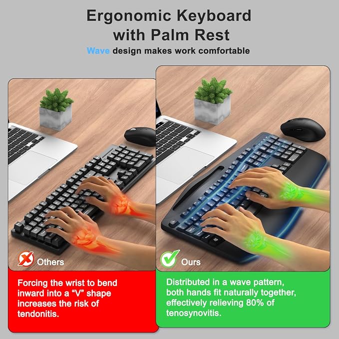 Wireless Keyboard and Mouse Combo, Full Size Ergonomic Wave Keys(Black) | 2.4G Ergonomic Keyboard with Wrist Rest, Phone Holder, 3-Level DPI Silent Mouse with 6-Buttons, for Windows/Mac OS/Laptop/PC